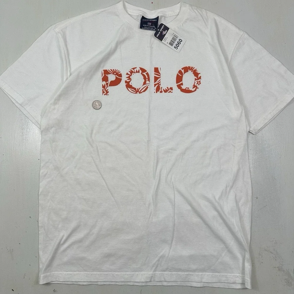 NEW VTG Polo‎ Sport Ralph Lauren Spell Out T Shirt Men Medium White Logo 90s Y2K